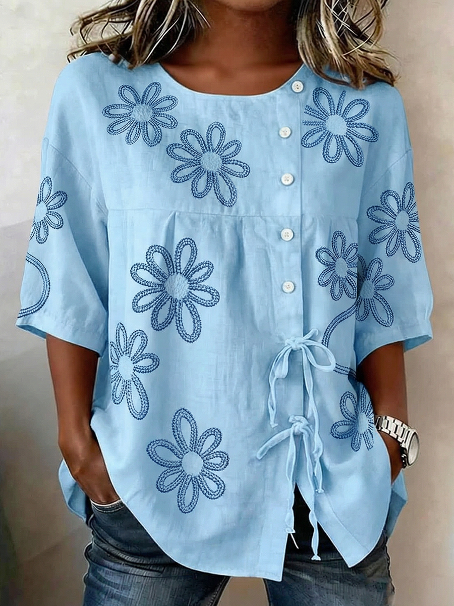 Chemise Femme Boutonnée Et Lacée Plantes Et Fleurs En Lin Mélangé