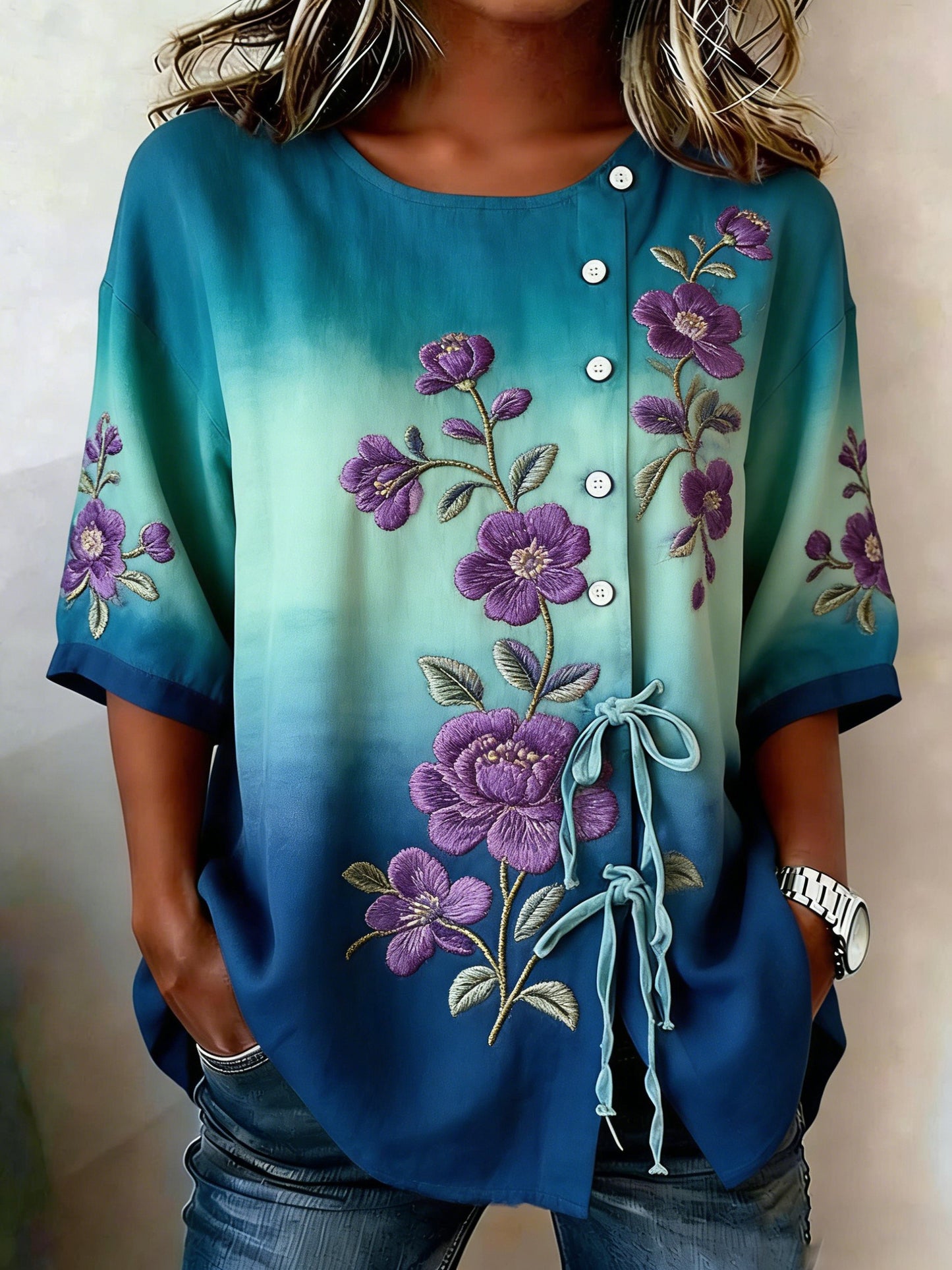 Chemise florale à boutons en mélange de lin pour femme