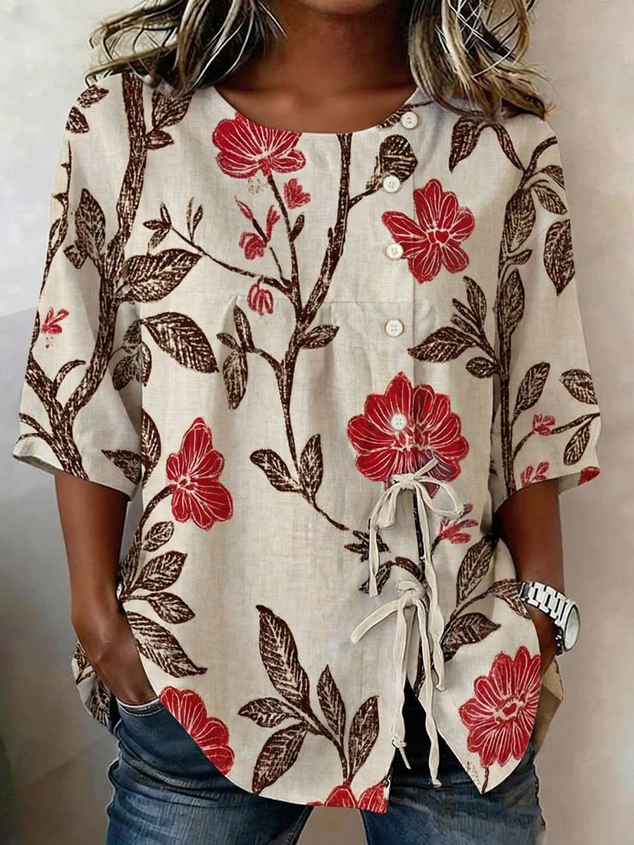 Chemise Femme Plante Et Fleur Boutonnée Et Lacée En Mélange De Lin