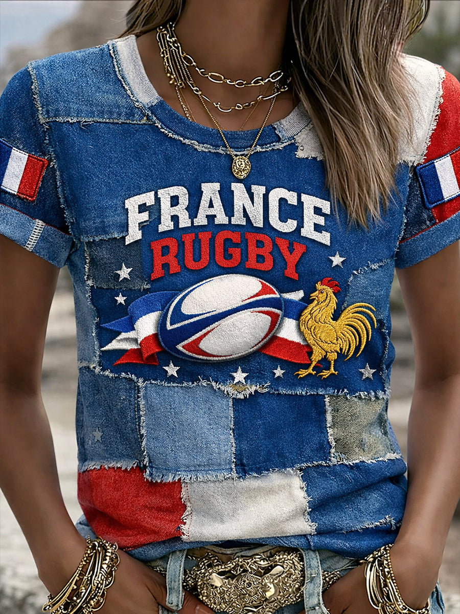 T-shirt décontracté rétro à imprimé rugby français pour femmes