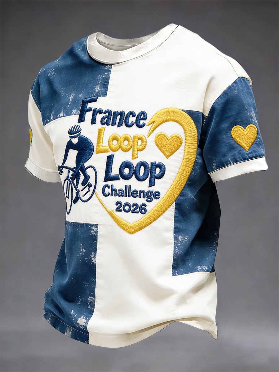Hommes Français Tour de France Saison Cyclisme Patchwork Imprimer Vintage Casual T-Shirt