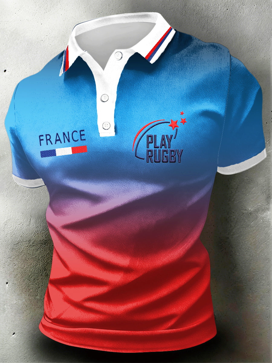 Polo décontracté à imprimé dégradé de rugby français pour hommes