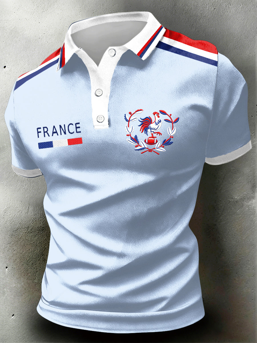 Polo décontracté pour homme avec imprimé coq français rugby