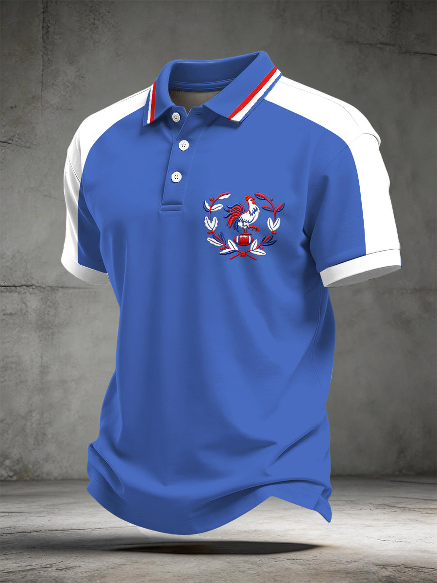 Polo décontracté à manches courtes bleu pour homme, imprimé coq français, style rugby