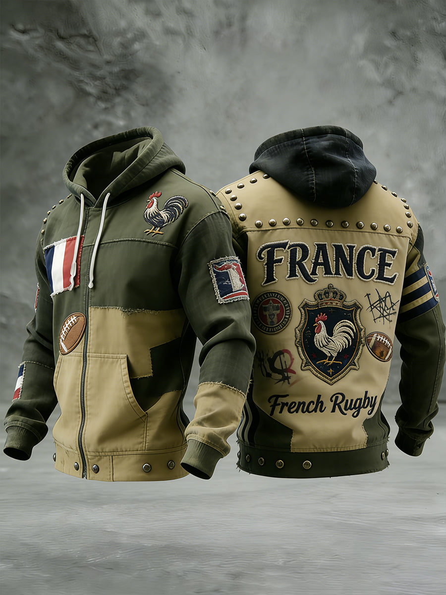 Sweat à Capuche Rétro Zippé Confortable Motif de Rugby Français