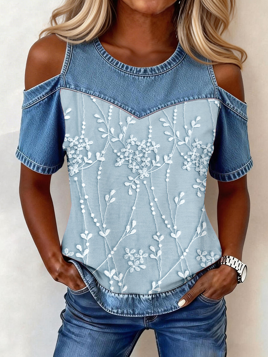 Motif floral élégant Denim Patchwork Top des femmes