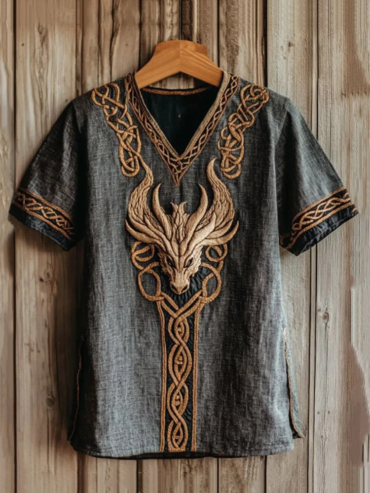 Chemise viking pour hommes à col en V et imprimé
