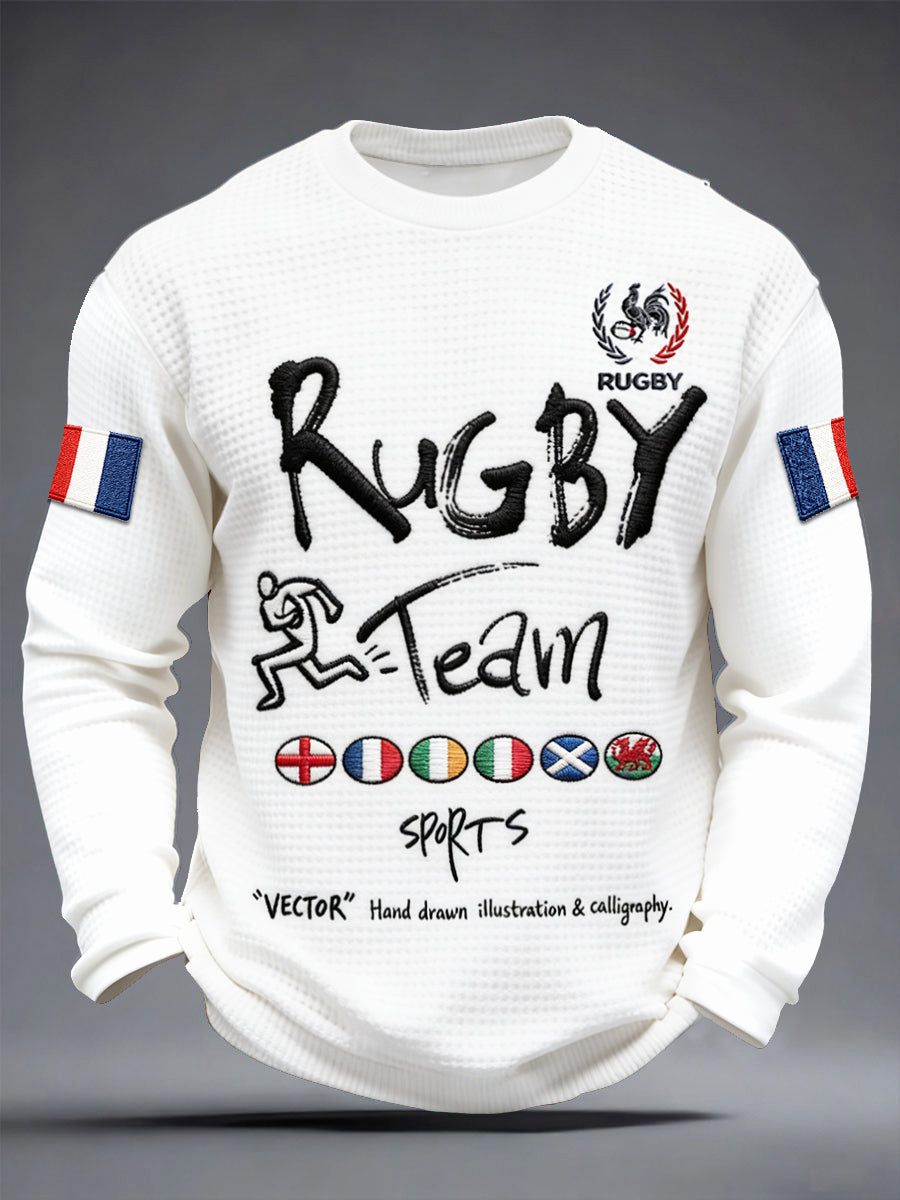 T-shirt manches longues décontracté blanc gaufré imprimé Six Nations de rugby français pour homme