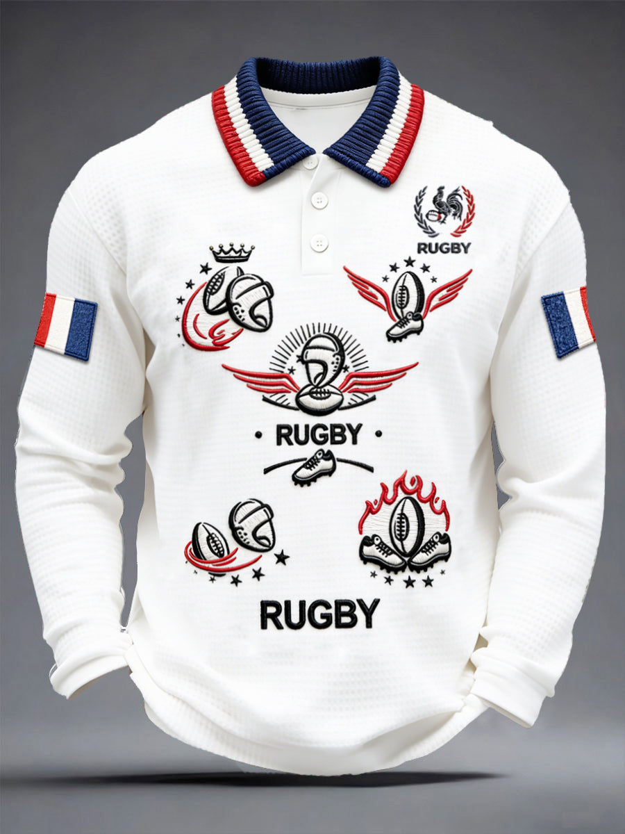 Polo à manches longues en tissage gaufré à imprimé rugby français pour homme, coupe décontractée