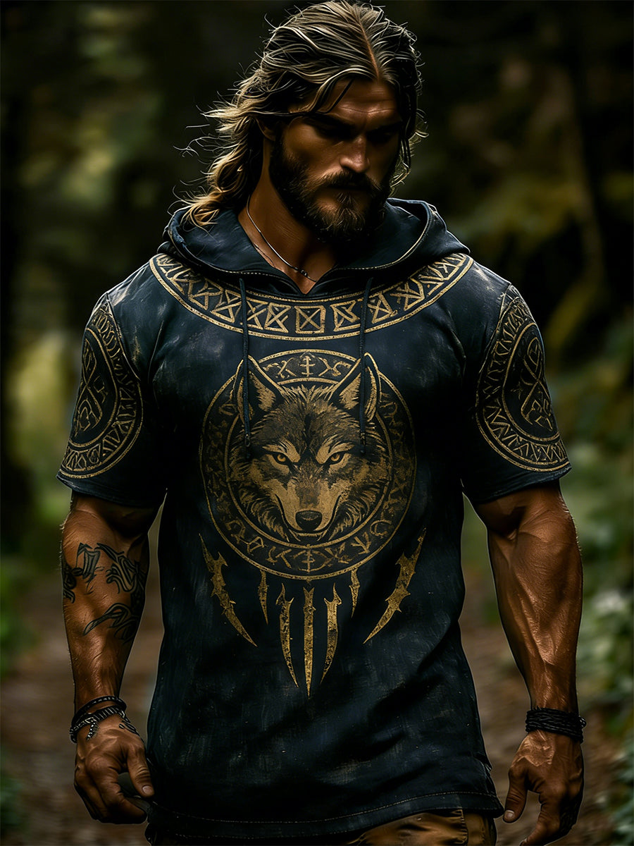 Sweat à capuche manches courtes pour hommes avec imprimé sur le thème des Vikings
