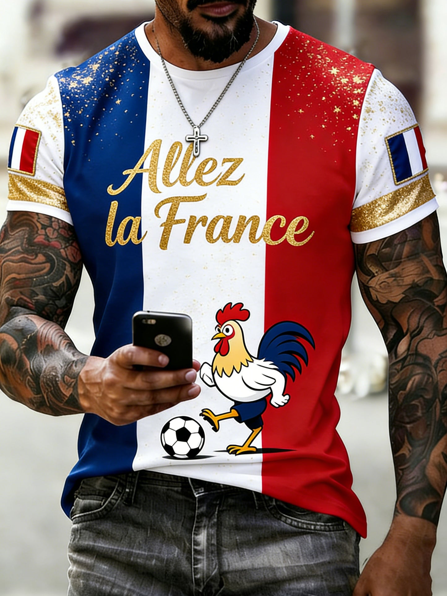 T-shirt de fan de football français pour hommes avec impression artistique