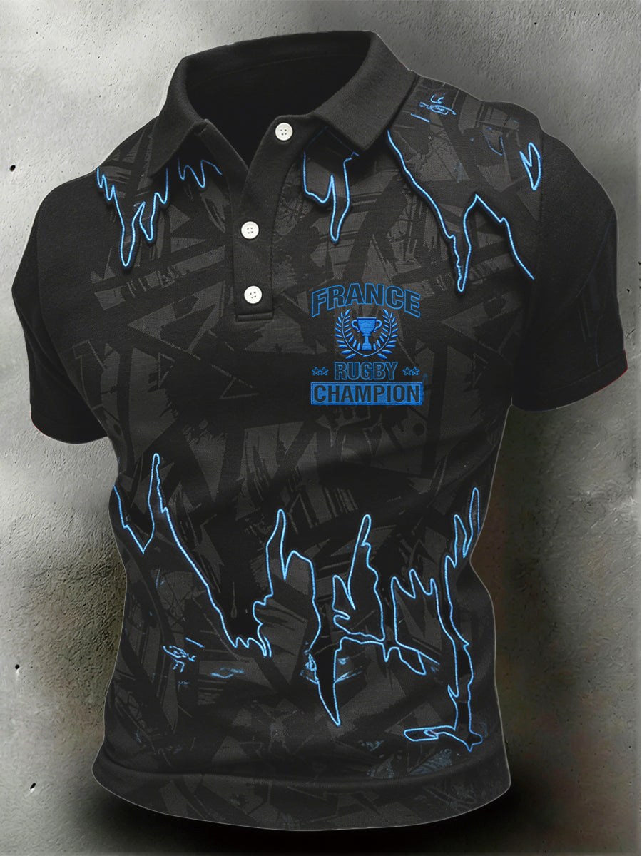 Polo de sport décontracté noir à imprimé rugby français pour homme