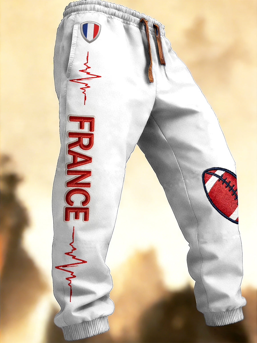 Pantalon de sport décontracté blanc pour homme, imprimé drapeau français et motif rugby