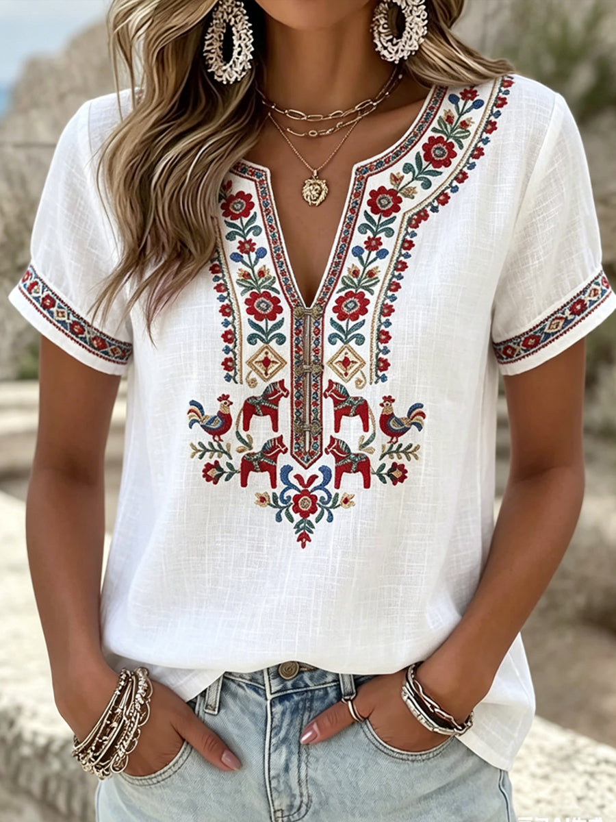 T-shirt pour femmes style vintage suédois, motif floral symétrique, col en V