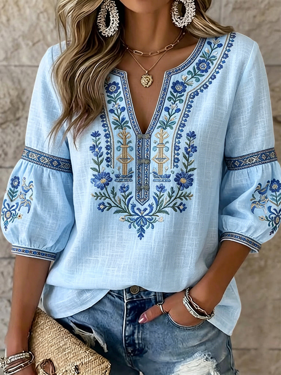 T-shirt décontracté à col en V pour femmes, style suédois, motif floral de la Saint-Jean