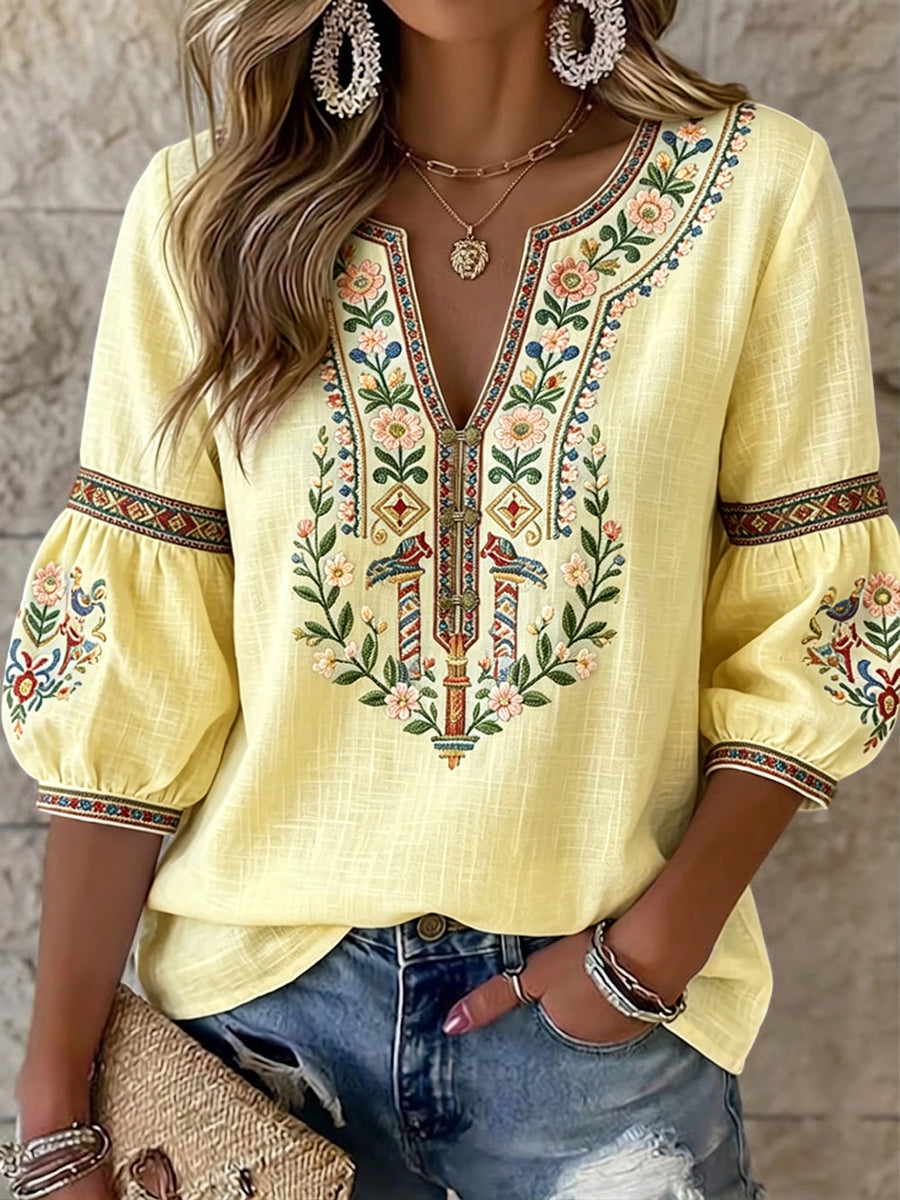 Blouse rétro suédoise pour femmes, motif floral de la Saint-Jean, design symétrique, col en V