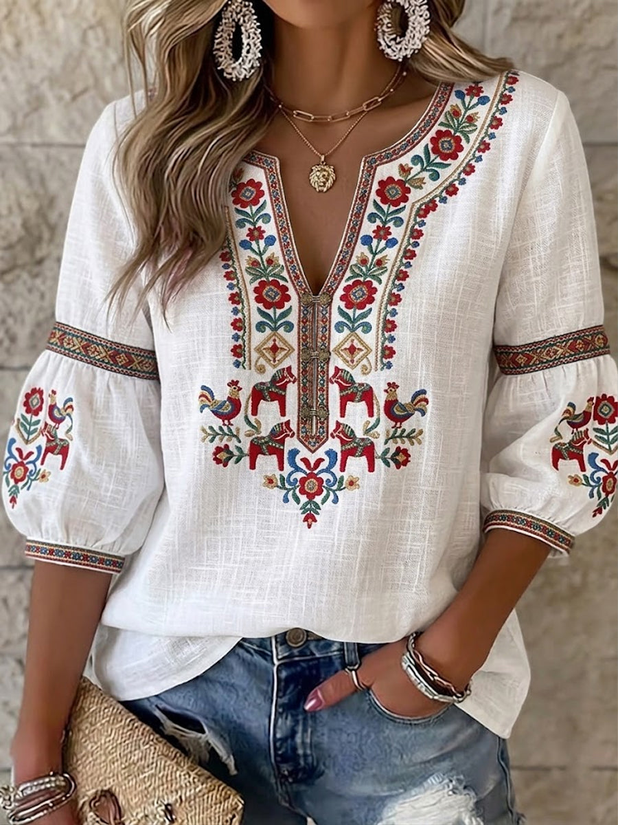 Chemisier pour femme en coton-lin, de style vintage suédois, inspiré de la fête de la Saint-Jean