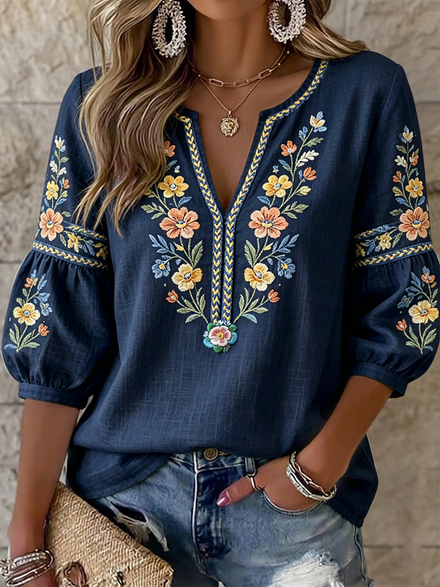 Top vintage suédois de la Saint-Jean pour femmes, style ethnique floral, col en V