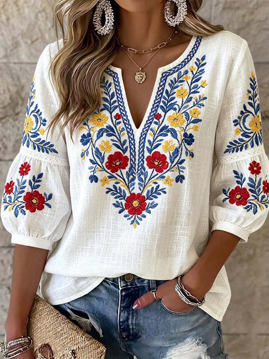 Top pour femme style vintage suédois, motif floral de la Saint-Jean, col en V