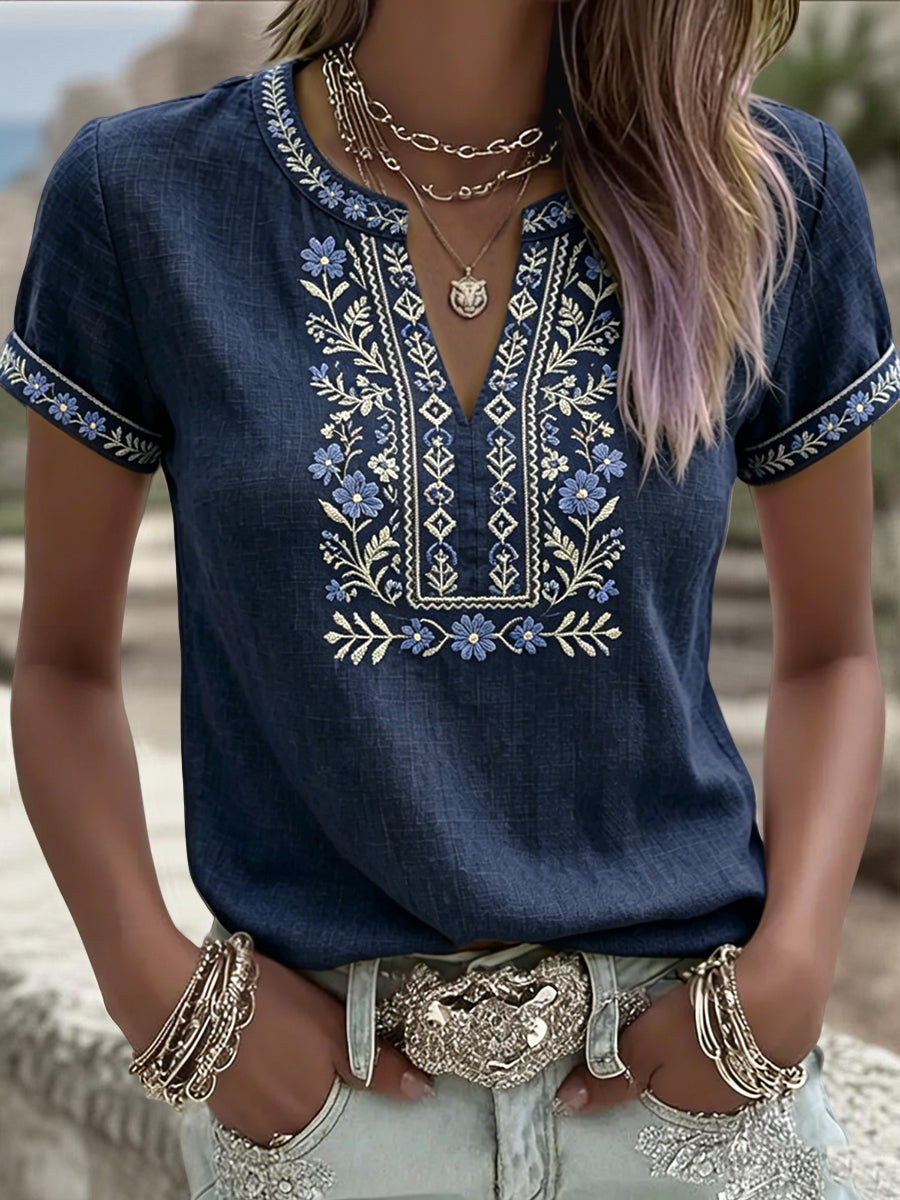 T-shirt rétro suédois pour femmes, motif floral ethnique de la Saint-Jean, col en V