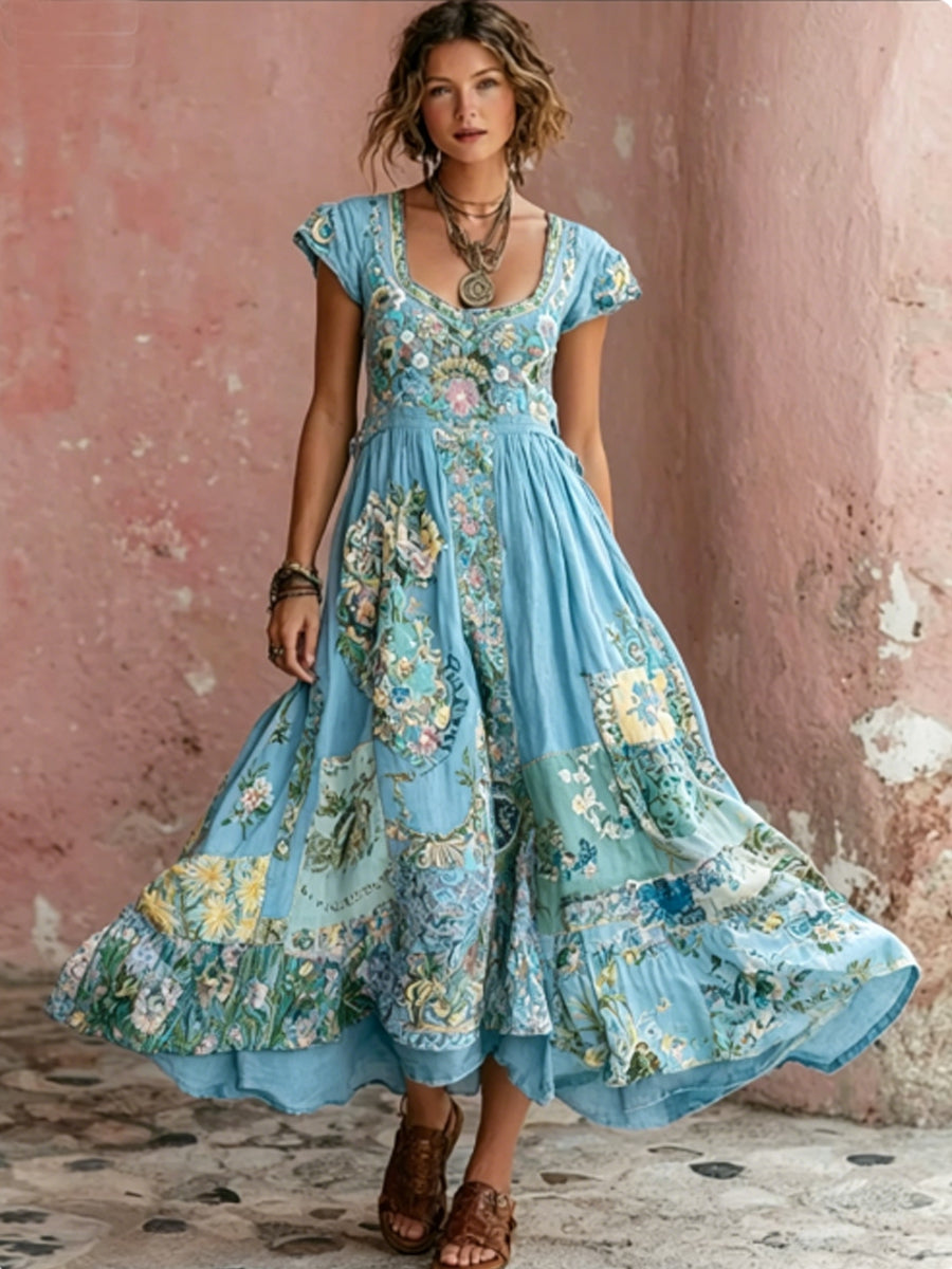 Robe mi-longue bohème pour femme, à col rond, manches courtes, avec broderie florale artistique