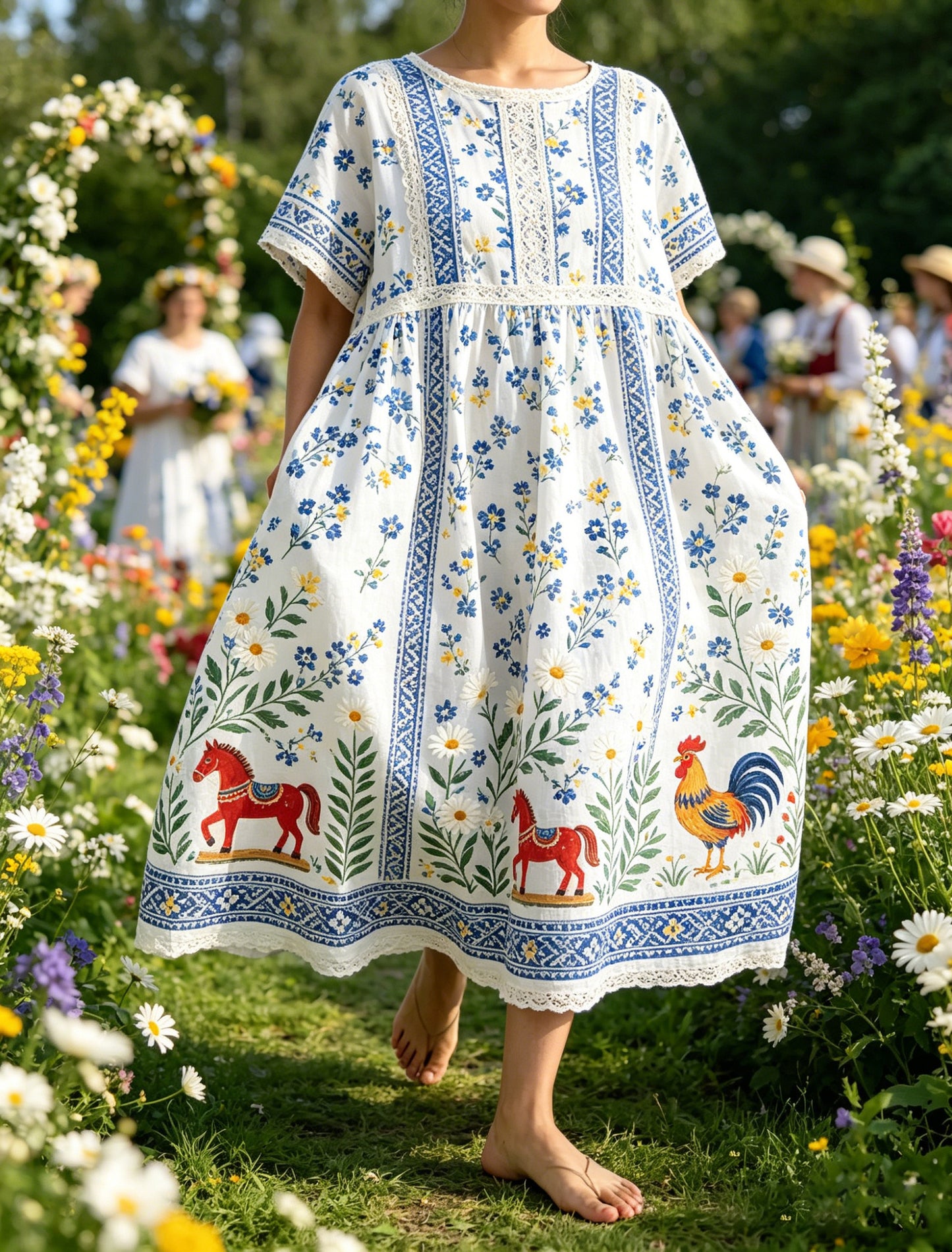 Robe maxi imprimée d’art commémorative du festival suédois de la Saint-Jean pour femmes