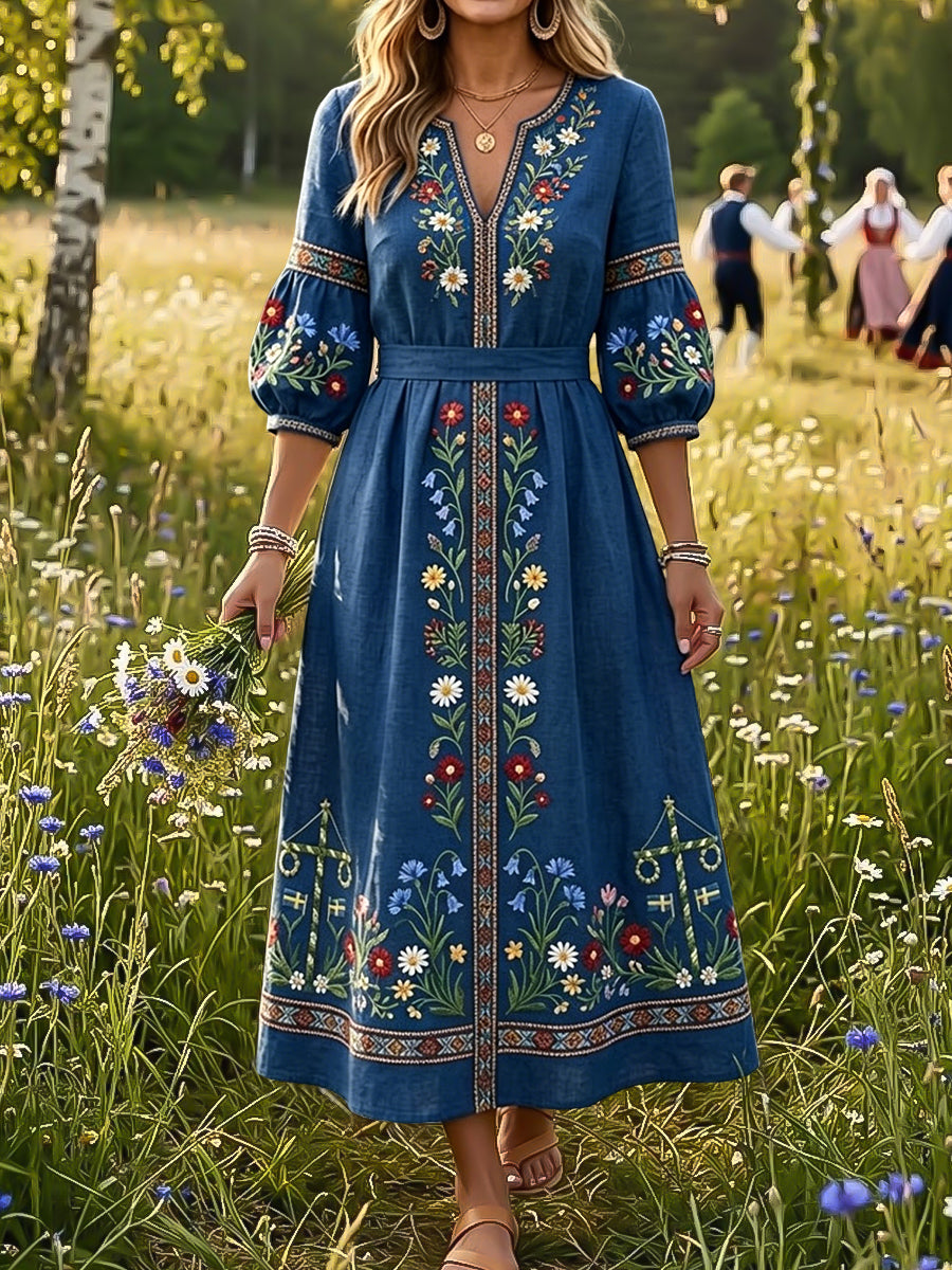 Robe rétro suédoise pour la fête de la Saint-Jean à motifs floraux, col en V, style rétro pour femme