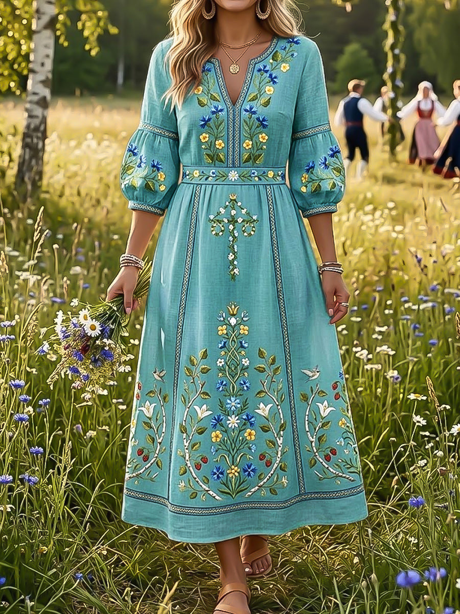 Robe vintage suédoise pour femmes, couronne de fleurs du solstice d’été, col en V