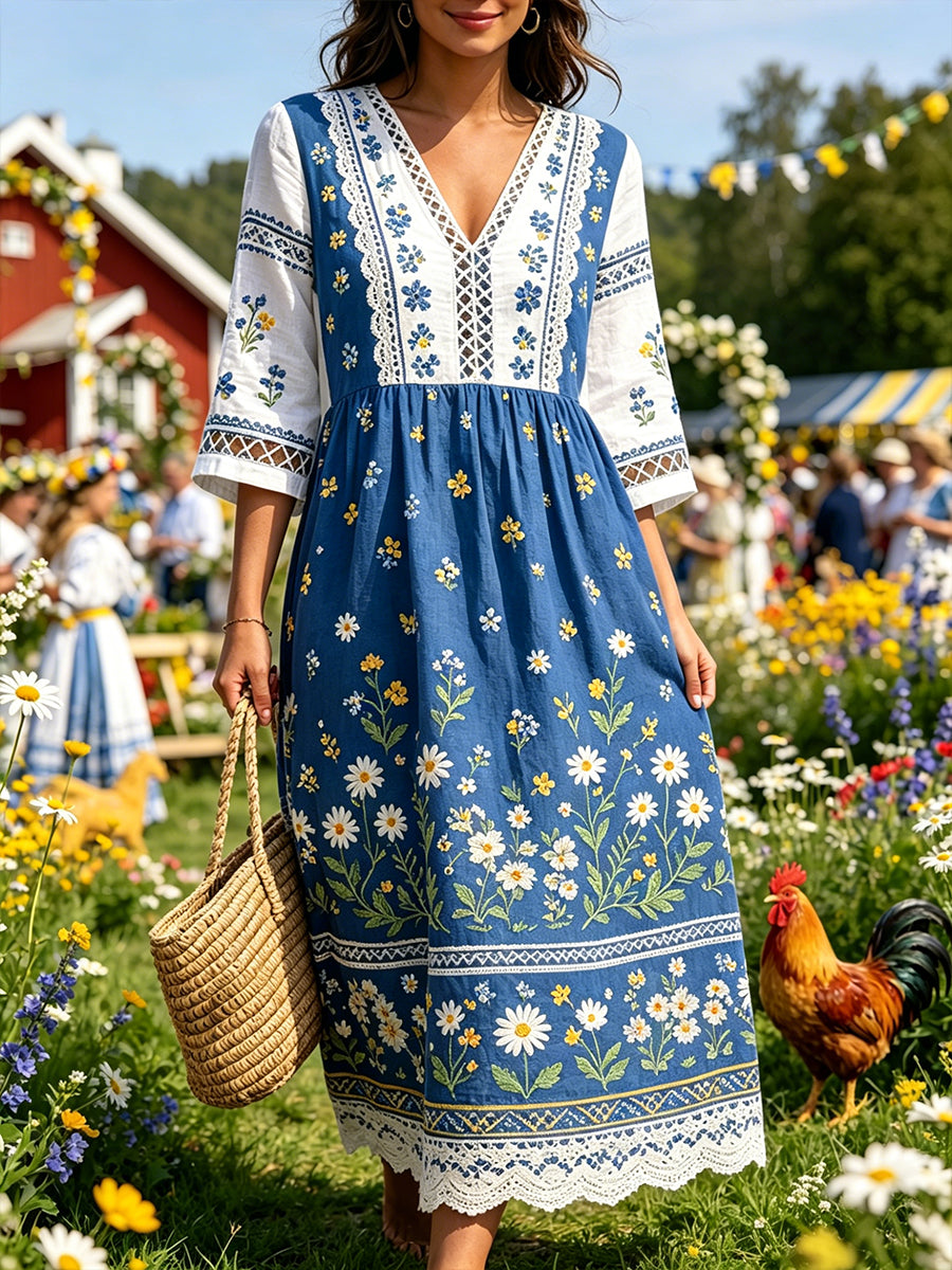 Robe à col en V style Midi-été pour femmes avec imprimé ethnique