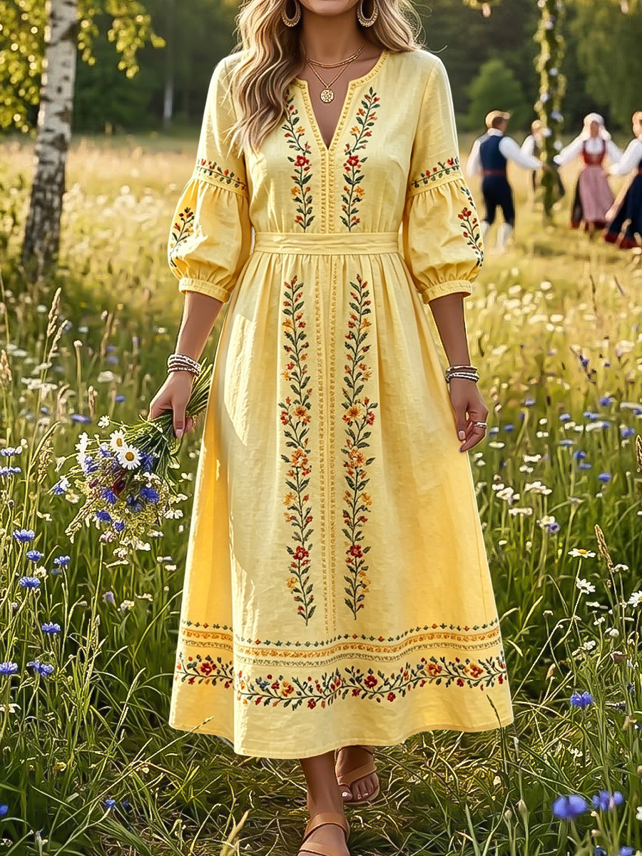 Robe rétro suédoise pour femmes, style ethnique, fleurie, pour la fête de la Saint-Jean