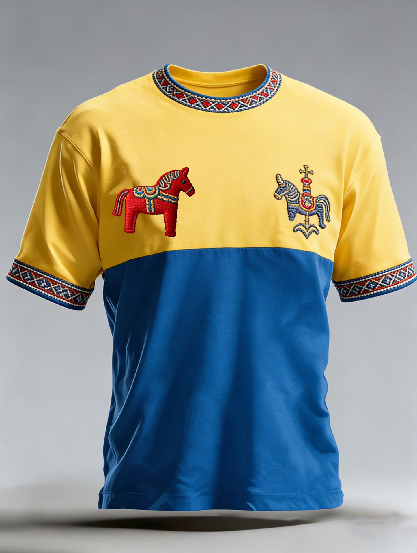 T-shirt à col en V pour hommes, motif football et cheval de Dala, commémorant la fête de la Saint-Jean en Suède