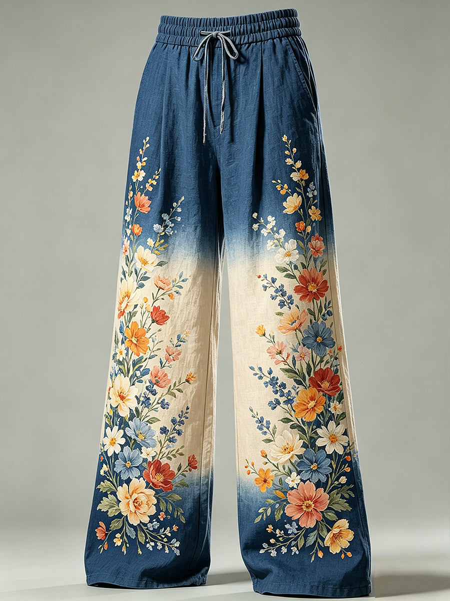 Pantalon à cordon de serrage pour femmes avec imprimé floral artistique
