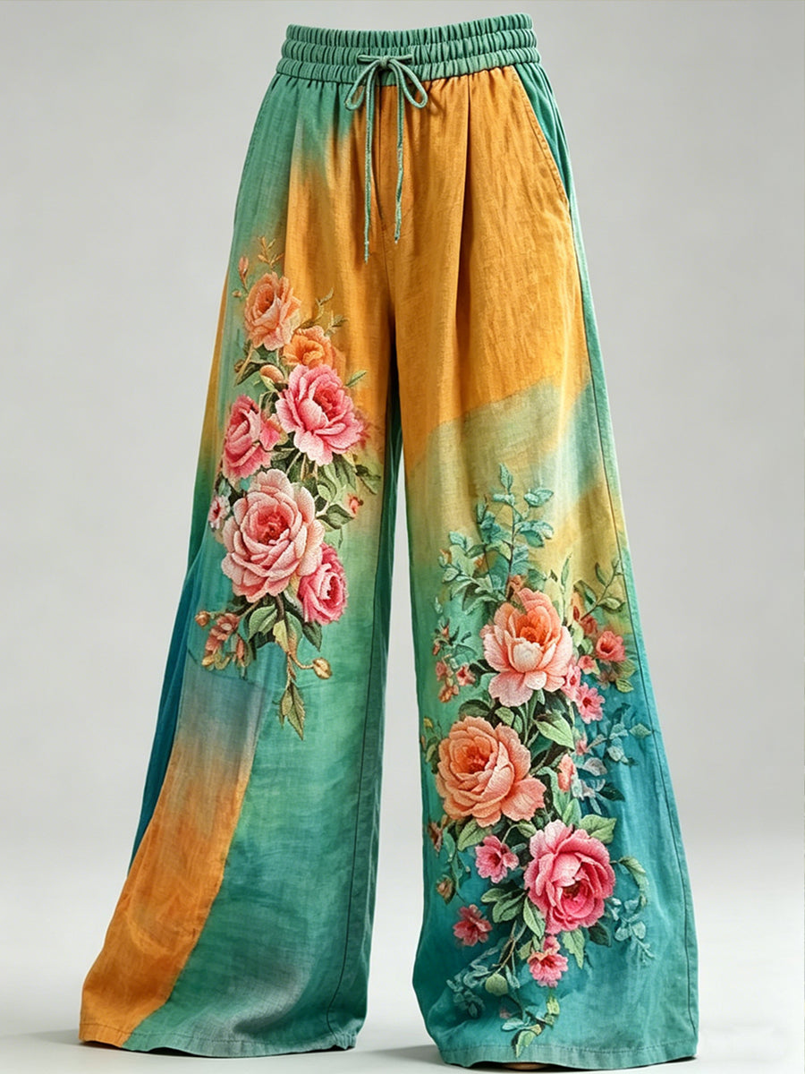 Pantalon à cordon de serrage pour femmes avec imprimé floral artistique