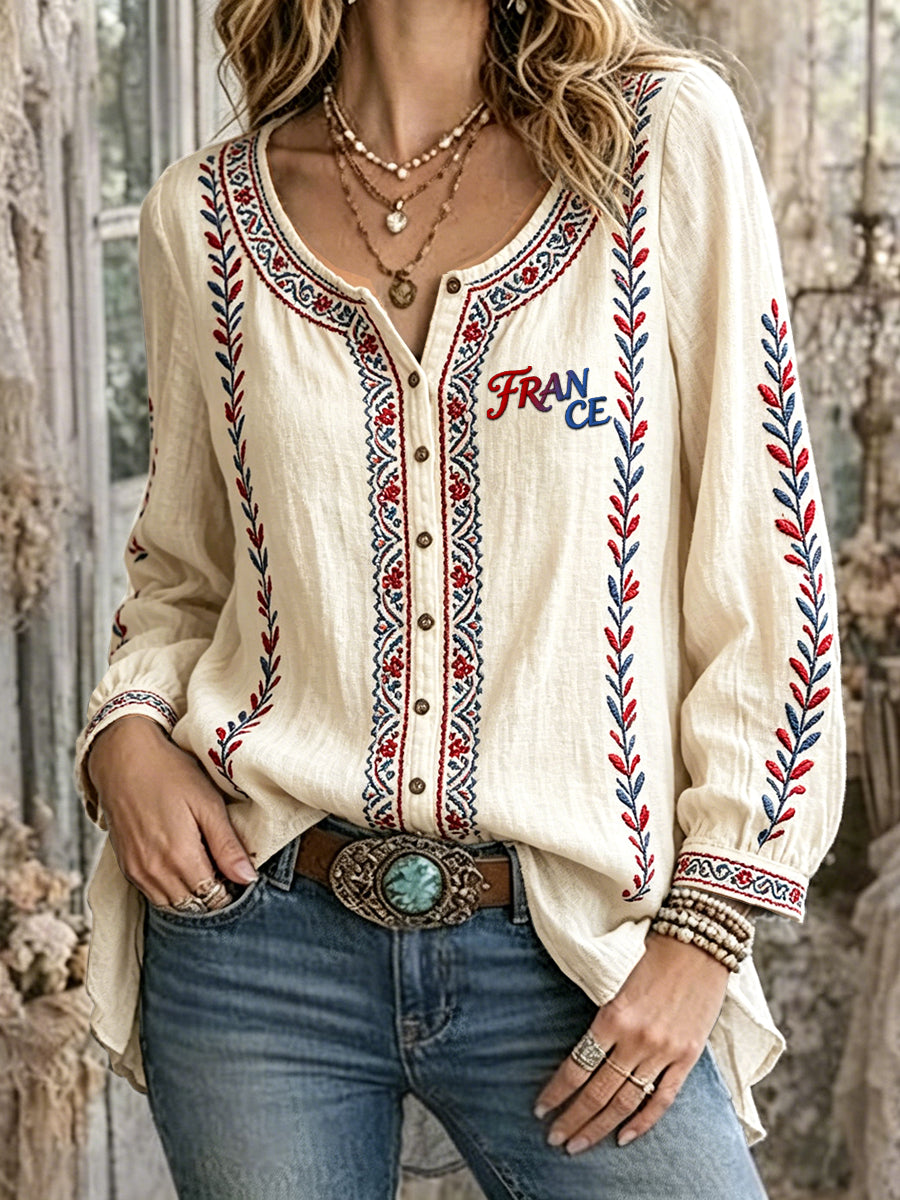 Chemise décontractée pour femme en coton-lin, manches longues, couleur blanc cassé, imprimé branche d'olivier français