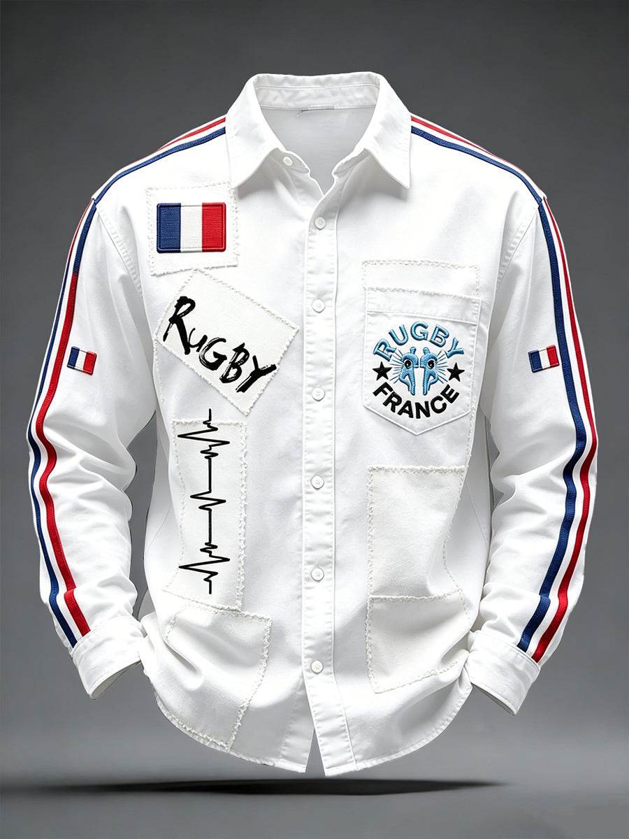 Chemise blanche décontractée à imprimé patchwork de rugby français pour hommes