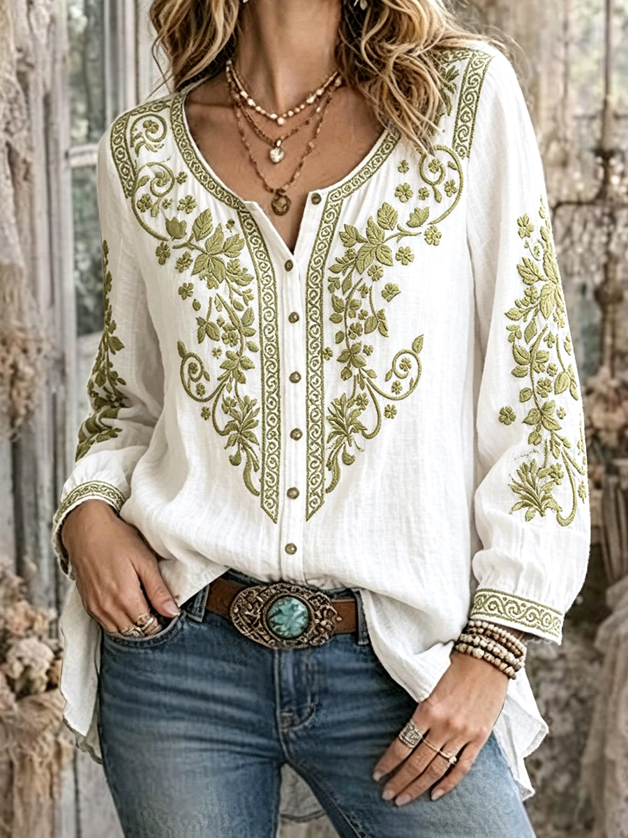Chemise Femme Faux French Court Floral Print Casual Lin-Coton