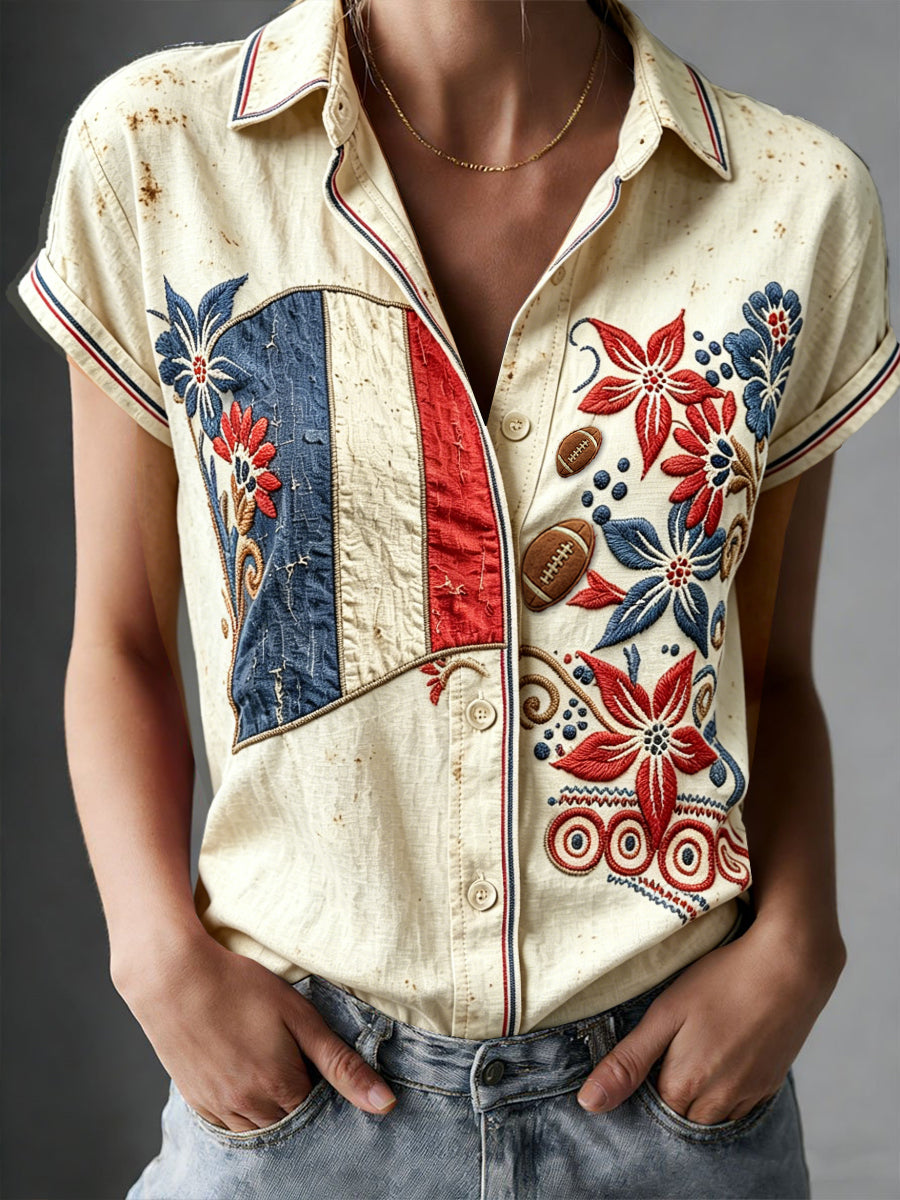 Vintage Floral Français Rugby Imprimer Casual Chemise à manches courtes