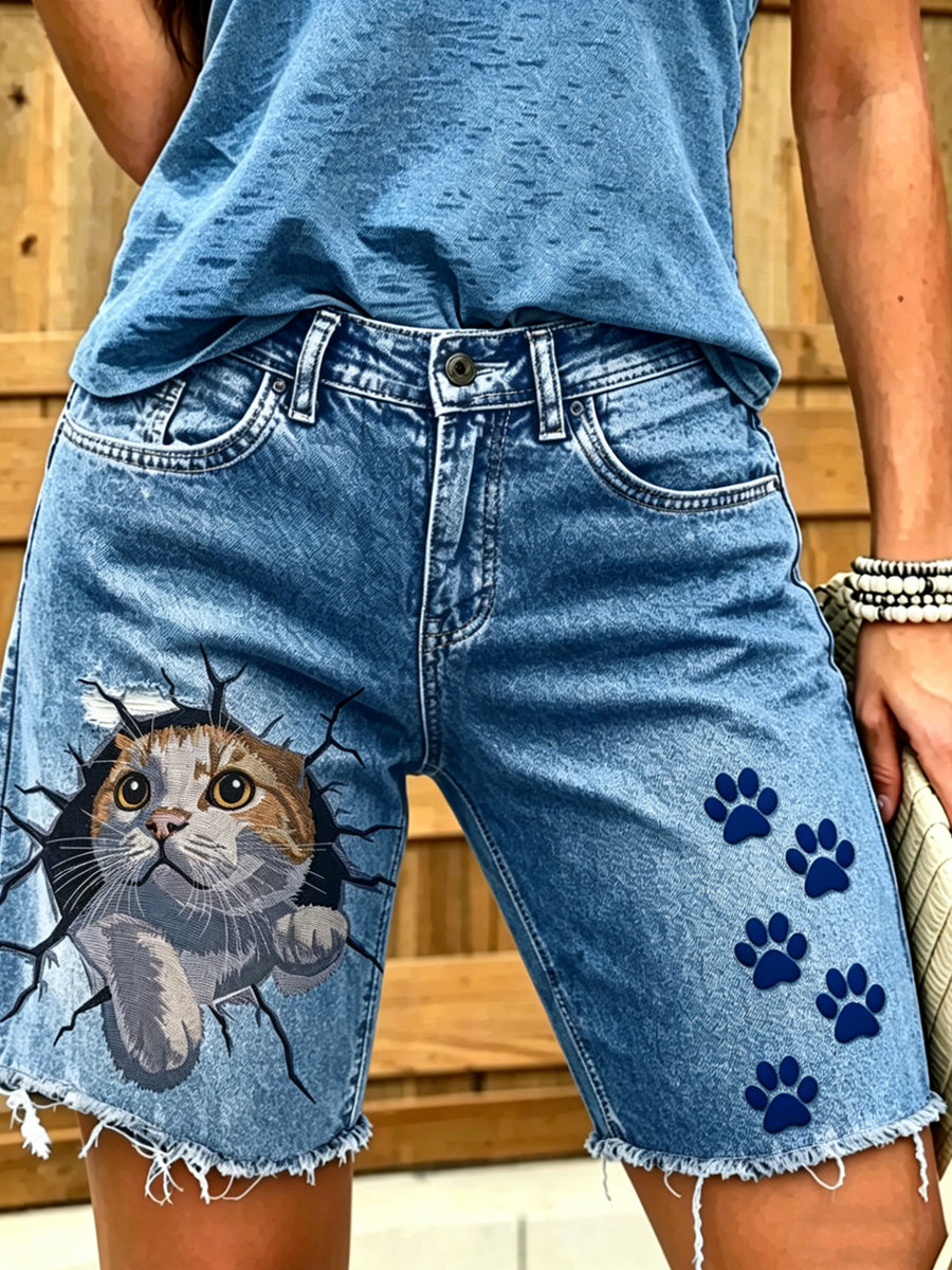 Jeans courts imprimés d'art animalier pour femmes