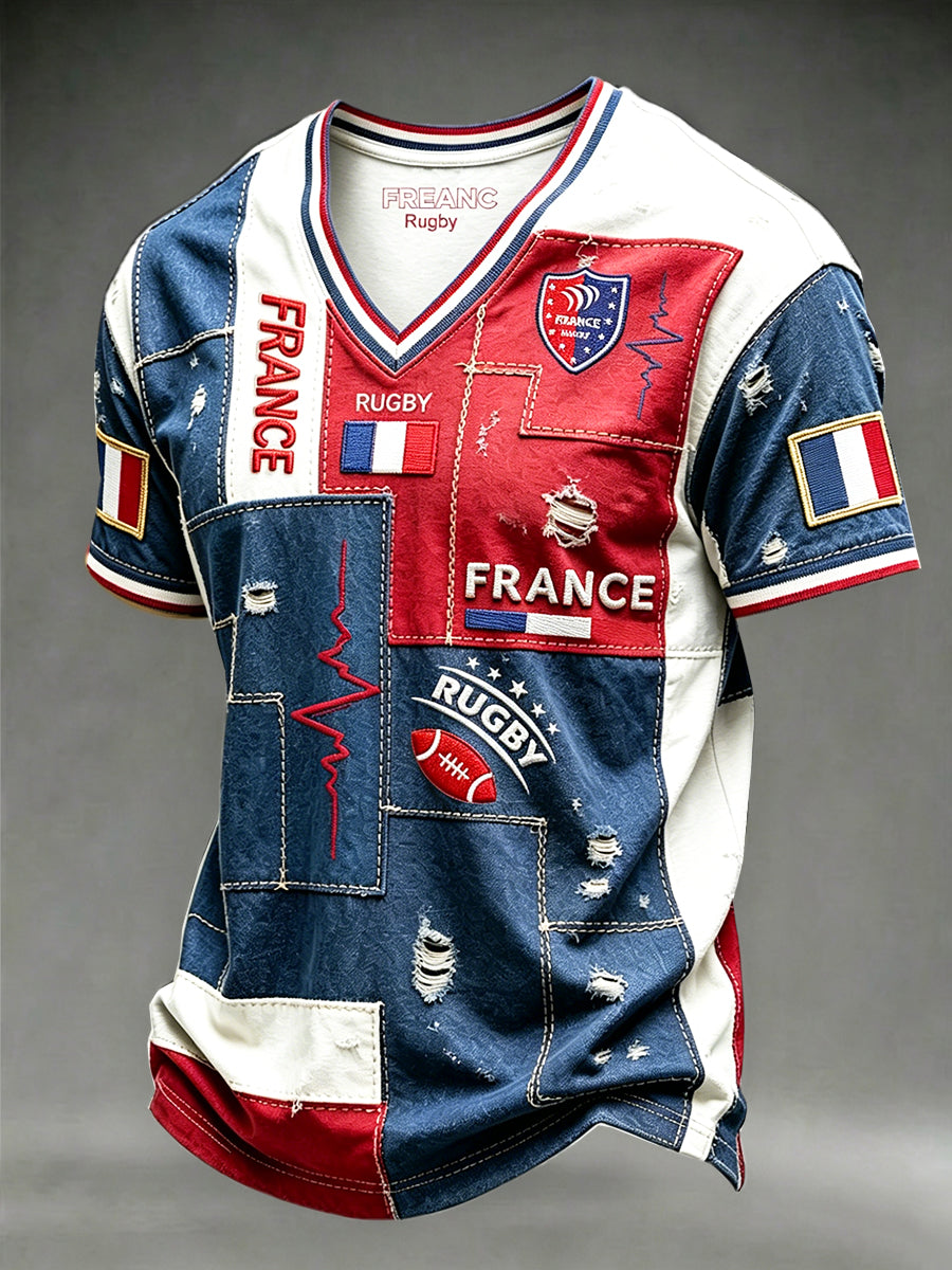 T-shirt décontracté à col en V pour homme, motif patchwork 3D vieilli, inspiration rugby français
