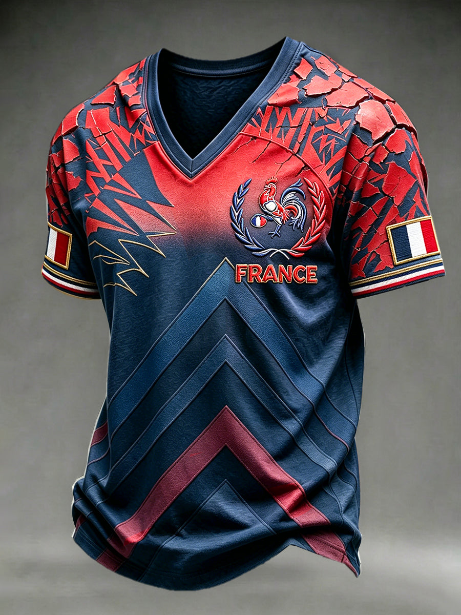 T-shirt décontracté à col en V pour homme, imprimé dégradé rugby français