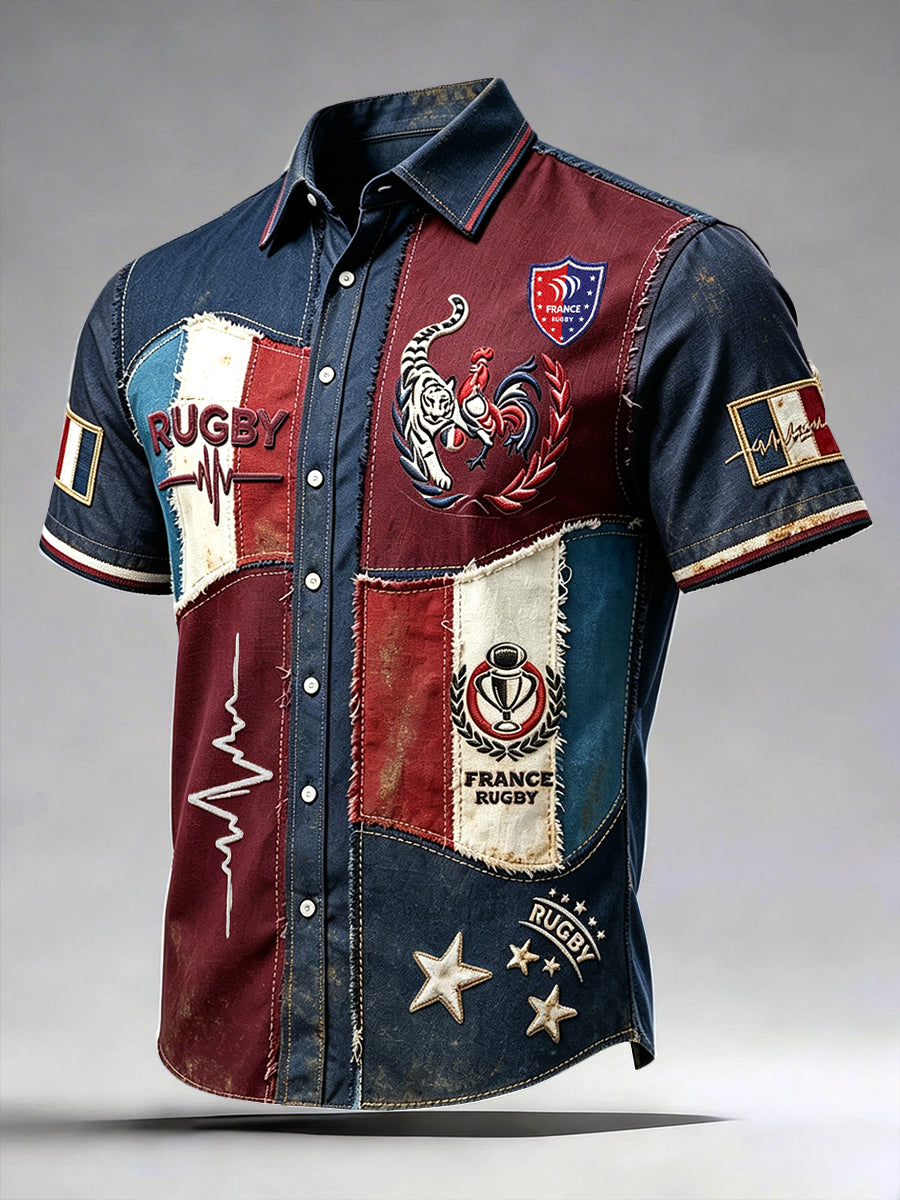 Chemise décontractée à manches courtes pour homme, style vintage français rugby, patchwork avec imprimé 3D