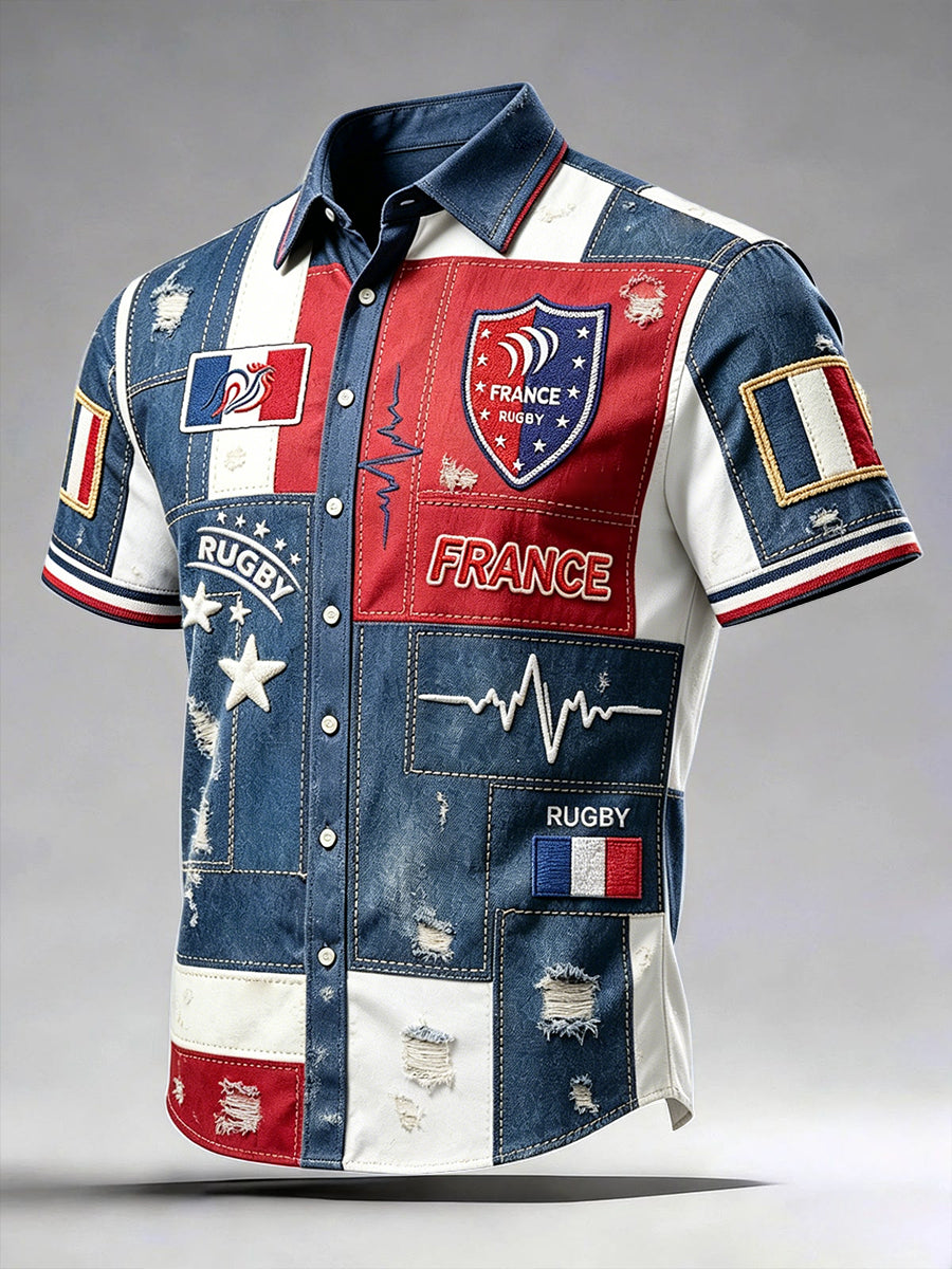 Chemise décontractée à manches courtes pour homme, style vintage français, patchwork imprimé rugby