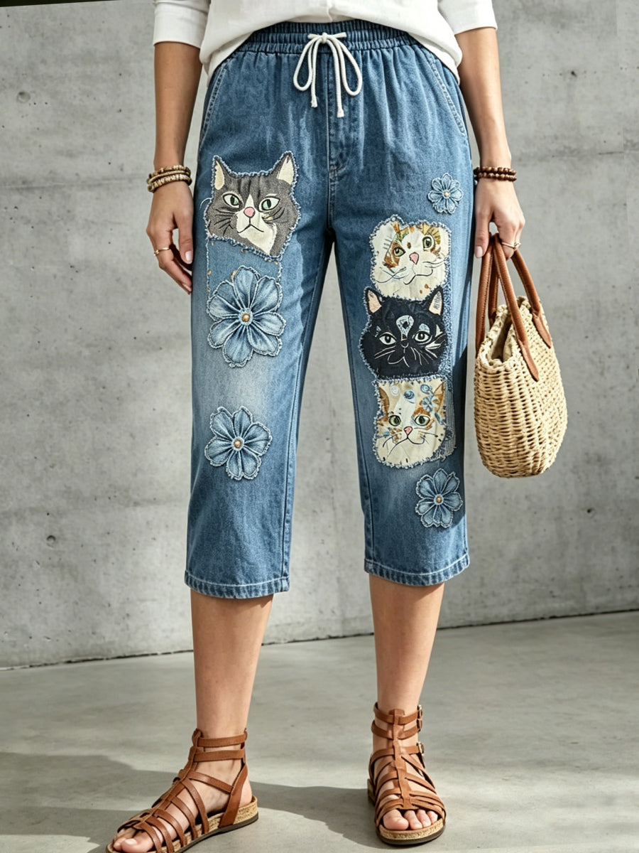 Pantalon mi-long à cordon de serrage pour femme, imprimé floral et motifs animaliers