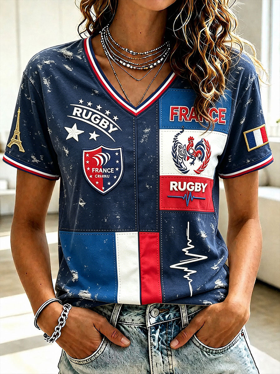 T-shirt décontracté à col en V pour femme, imprimé patchwork drapeau français, mode féminine