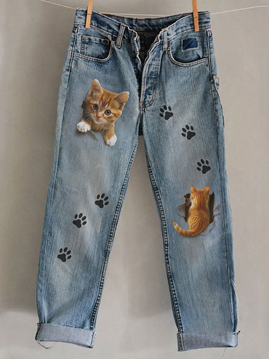 Pantalon décontracté avec impression d’art félin pour femme