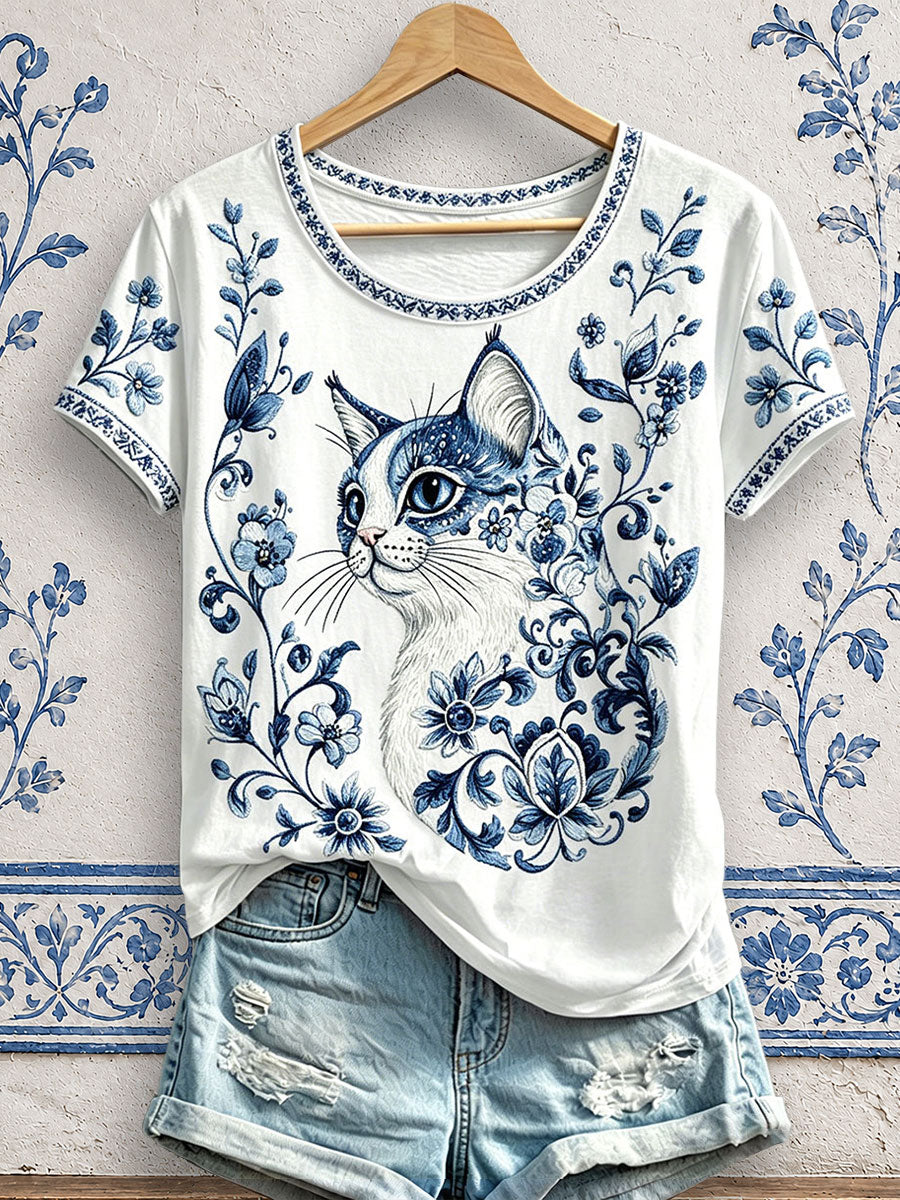 T-shirts fleuris à imprimé chat pour femmes
