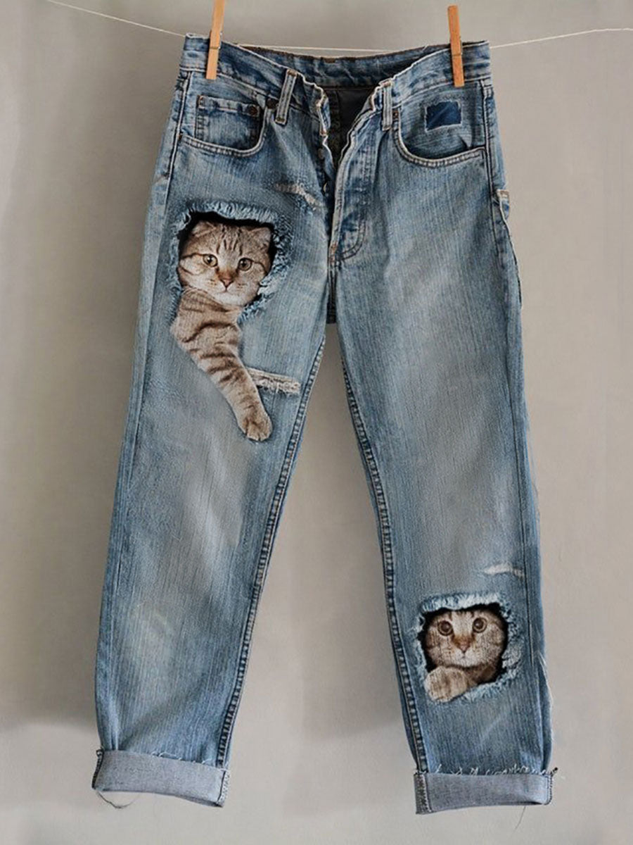 Pantalon décontracté avec impression d’art félin pour femme