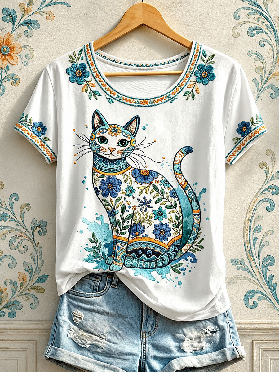 T-shirts fleuris à imprimé chat pour femmes