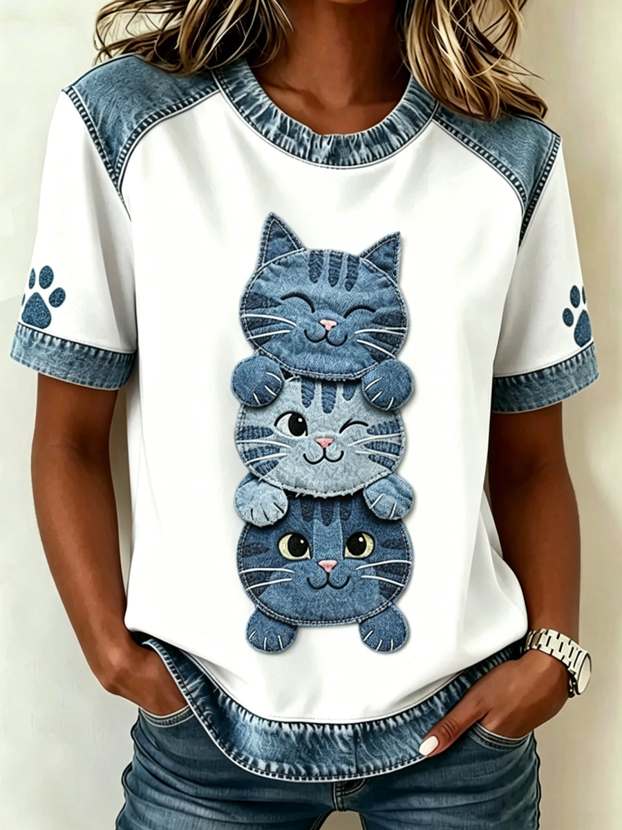 Animal Cat Imprimé Vintage Fashion Loose T-shirt à manches courtes pour femmes