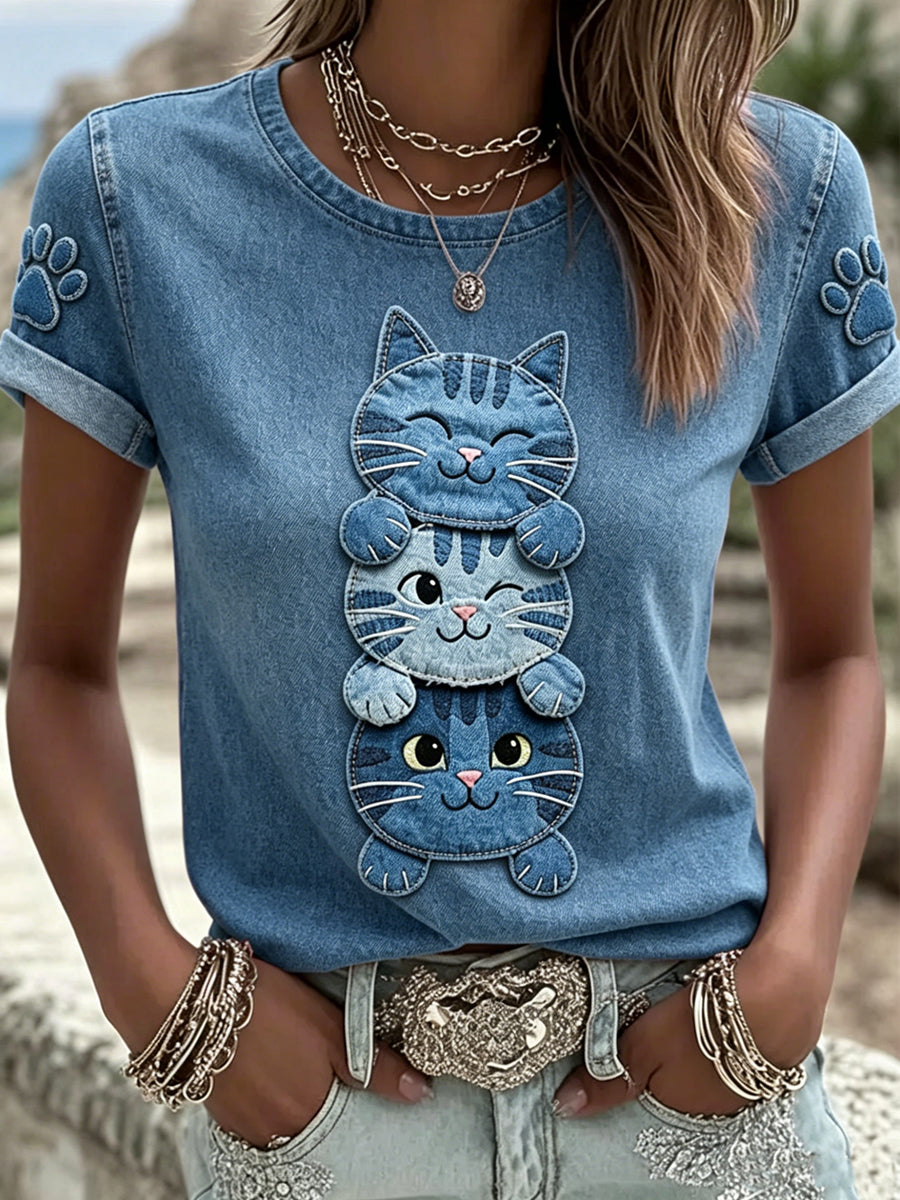 T-shirt femme à manches courtes, ample, à imprimé animal chat, style vintage et tendance